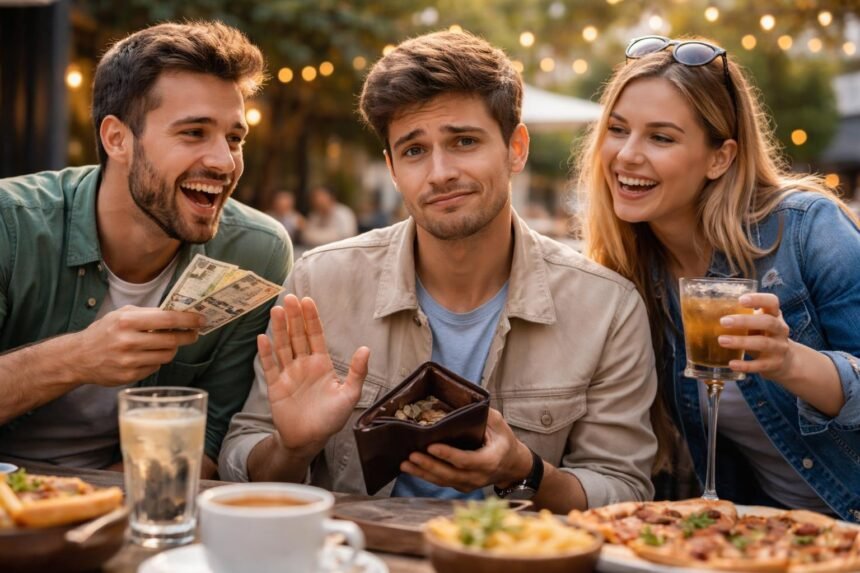 Fiatalok egy étteremben, aki pénztárcáját mutatja barátainak.