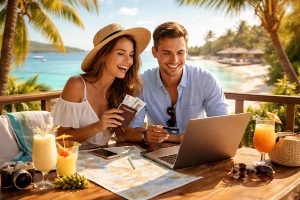 Fiatal pár álomnyaralást tervez egy tengerparti helyszínen.