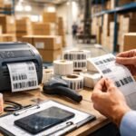 Logisztikai etikett címkék és nyomtató egy raktárban.