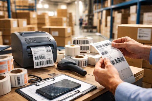 Logisztikai etikett címkék és nyomtató egy raktárban.