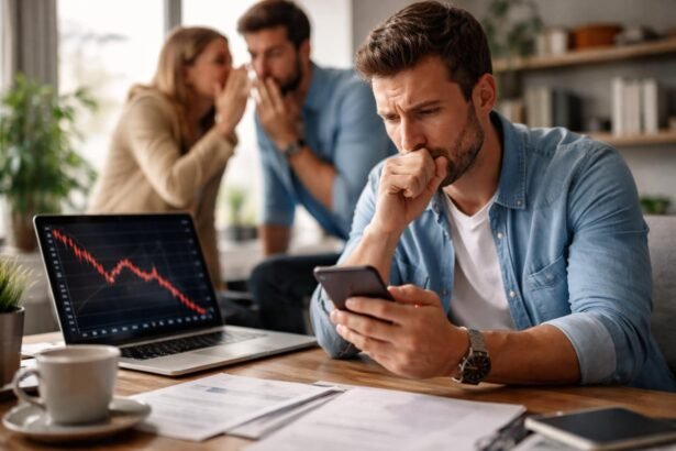 Férfi pénzügyi döntéseket hoz, piaci elemzésekkel a háttérben.