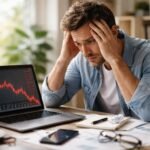 Férfi tőzsdei visszaesés közben, laptop előtt, stresszes arccal.