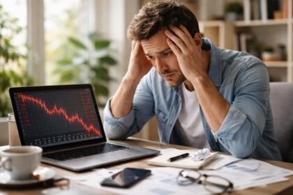 Férfi tőzsdei visszaesés közben, laptop előtt, stresszes arccal.