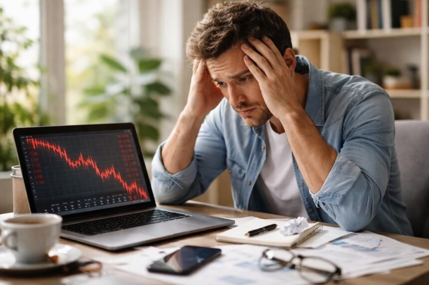 Férfi tőzsdei visszaesés közben, laptop előtt, stresszes arccal.
