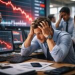 Tőzsdei pánik: részvények zuhanása és stresszes kereskedők.