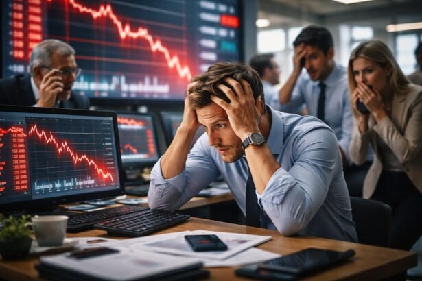 Tőzsdei pánik: részvények zuhanása és stresszes kereskedők.