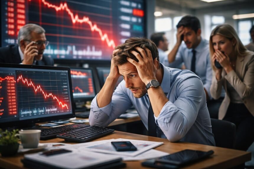Tőzsdei pánik: részvények zuhanása és stresszes kereskedők.