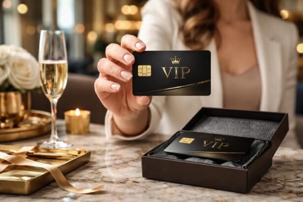 Egy nő bemutat egy elegáns VIP plasztikkártyát egy díszdobozban.
