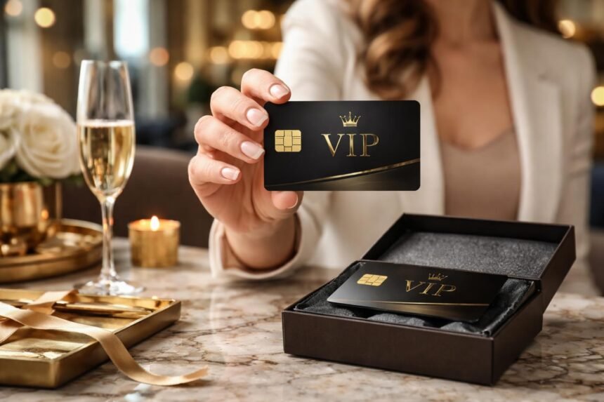 Egy nő bemutat egy elegáns VIP plasztikkártyát egy díszdobozban.